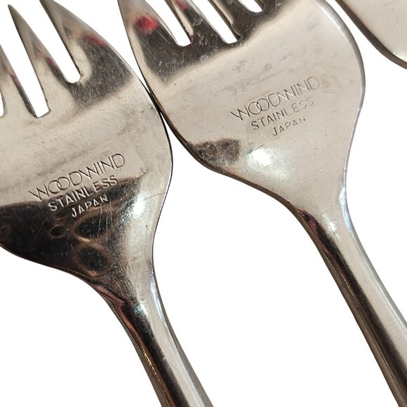 4 Woodwind Salad Fork 5" wood-like handle vtg midcentury boho minimalist mixed m - Picture 9 of 9